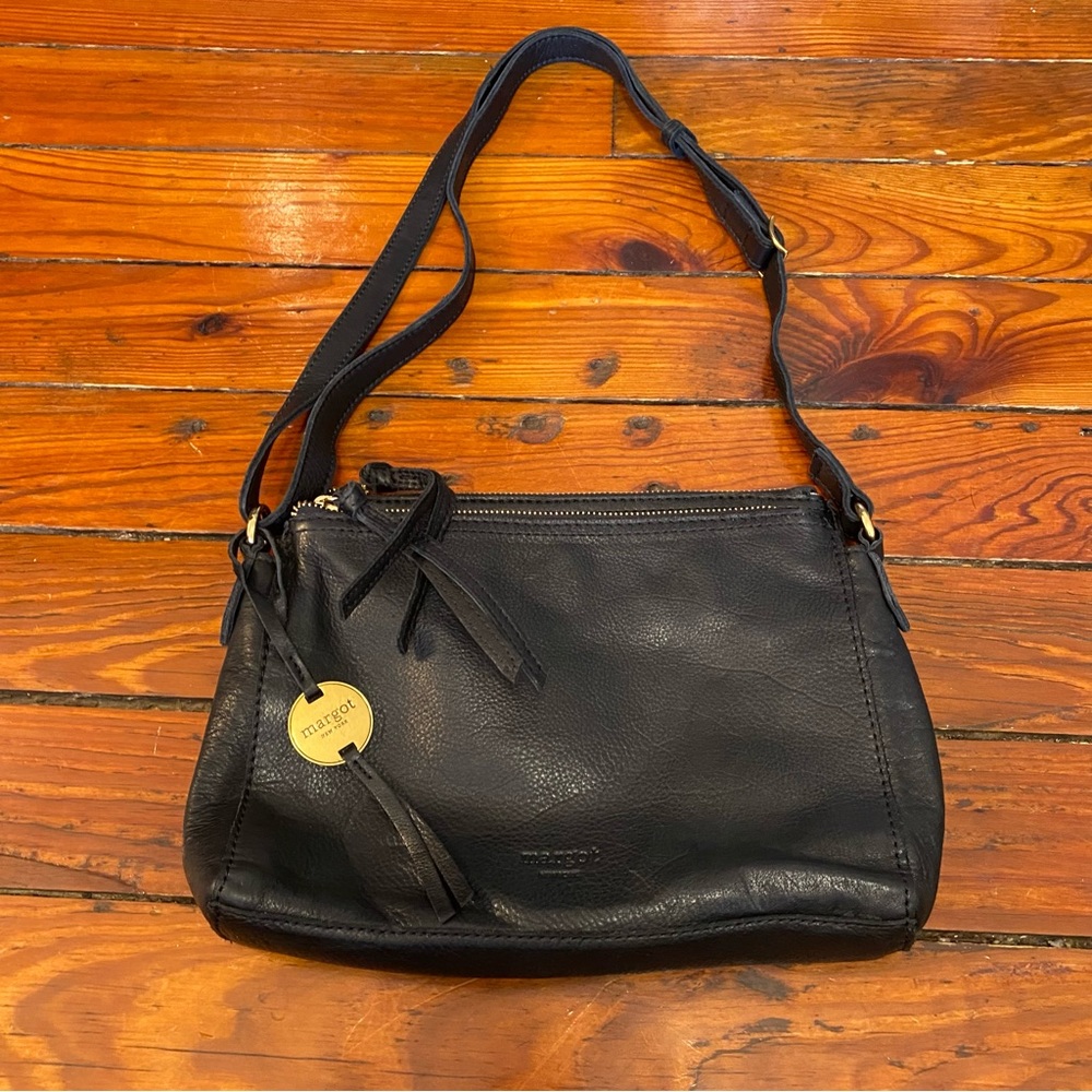 Margot Black Leather Jules Double Zip Triple Compartment Crossbody Purse Bag